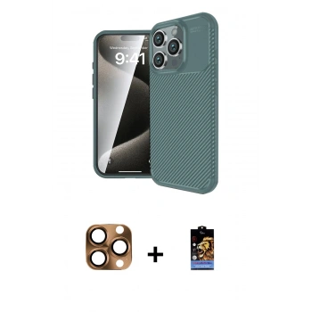 MARSİLYAN™- iPhone 16 Pro Max Kılıf Eksen Form Prime - Siyah Buffer Hayalet Cam Ekran Koruyucu + Pers Alüminyum Kamera Lens - CLTM