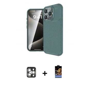 MARSİLYAN™- iPhone 16 Pro Max Kılıf Eksen Form Prime - Siyah Buffer Hayalet Cam Ekran Koruyucu + PVD Metal Kamera Lens - GS
