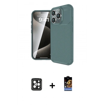 MARSİLYAN™- iPhone 16 Pro Max Kılıf Eksen Form Prime - Siyah Buffer Hayalet Cam Ekran Koruyucu + PVD Metal Kamera Lens - SH