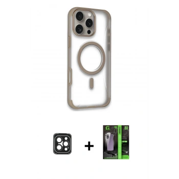 MARSİLYAN™- iPhone 16 Pro Max Kılıf Eksen Klasik Koleksiyonu - Şeffaf 360 Full Body Arka Koruyucu + PVD Metal Kamera Lens - SH