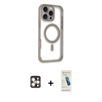 MARSİLYAN™- iPhone 16 Pro Max Kılıf Eksen Klasik Koleksiyonu - Şeffaf Pasifik Cam Ekran Koruyucu + PVD Metal Kamera Lens - GD
