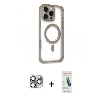 MARSİLYAN™- iPhone 16 Pro Max Kılıf Eksen Klasik Koleksiyonu - Şeffaf Pasifik Cam Ekran Koruyucu + Pers Alüminyum Kamera Lens - GI