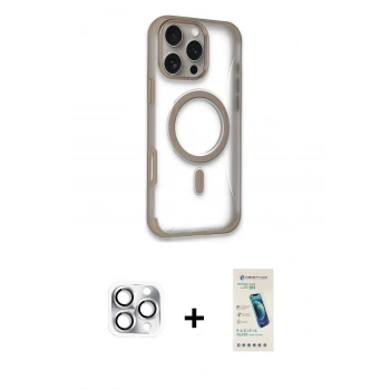 MARSİLYAN™- iPhone 16 Pro Max Kılıf Eksen Klasik Koleksiyonu - Şeffaf Pasifik Cam Ekran Koruyucu + Pers Alüminyum Kamera Lens - GS