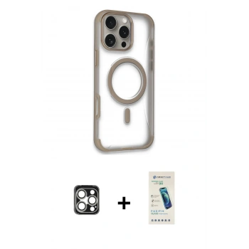 MARSİLYAN™- iPhone 16 Pro Max Kılıf Eksen Klasik Koleksiyonu - Şeffaf Pasifik Cam Ekran Koruyucu + PVD Metal Kamera Lens - GS