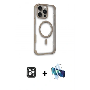 MARSİLYAN™- iPhone 16 Pro Max Kılıf Eksen Klasik Koleksiyonu - Siyah 3D Antistatik Cam Ekran Koruyucu + PVD Metal Kamera Lens - SH