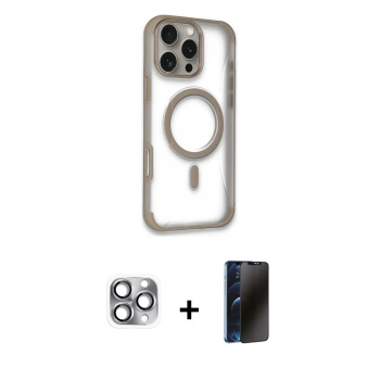 MARSİLYAN™- iPhone 16 Pro Max Kılıf Eksen Klasik Koleksiyonu - Siyah 3D Antistatik Hayalet Cam Ekran Koruyucu + Pers Alüminyum Kamera Lens - GI