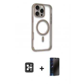 MARSİLYAN™- iPhone 16 Pro Max Kılıf Eksen Klasik Koleksiyonu - Siyah 3D Antistatik Hayalet Cam Ekran Koruyucu + PVD Metal Kamera Lens - SH