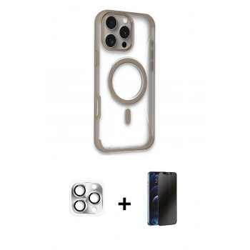 MARSİLYAN™- iPhone 16 Pro Max Kılıf Eksen Klasik Koleksiyonu - Siyah 3D Antistatik Hayalet Cam Ekran Koruyucu + Pers Alüminyum Kamera Lens - GS