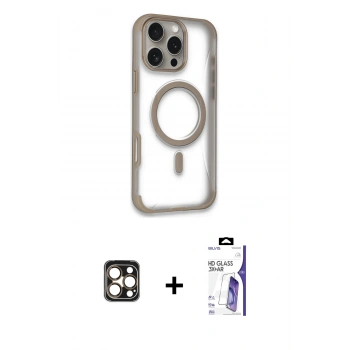 MARSİLYAN™- iPhone 16 Pro Max Kılıf Eksen Klasik Koleksiyonu - Siyah Bilvis 3X AR HD Cam Ekran Koruyucu + PVD Metal Kamera Lens - GD