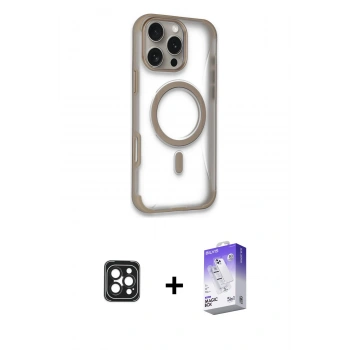 MARSİLYAN™- iPhone 16 Pro Max Kılıf Eksen Klasik Koleksiyonu - Siyah Bilvis 5in1 3D Magic Cam Ekran Koruyucu + PVD Metal Kamera Lens - SH