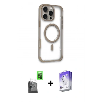 MARSİLYAN™- iPhone 16 Pro Max Kılıf Eksen Klasik Koleksiyonu - Siyah Bilvis 5in1 3D Magic Cam Ekran Koruyucu + Raze Metal Kamera Lens - SH