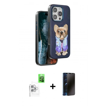 MARSİLYAN™- iPhone 16 Pro Max Kılıf İz Minimal Koleksiyonu - Siyah 3D Antistatik Hayalet Cam Ekran Koruyucu + Raze Metal Kamera Lens - BZ