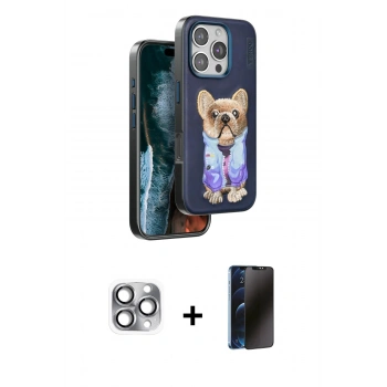 MARSİLYAN™- iPhone 16 Pro Max Kılıf İz Minimal Koleksiyonu - Siyah 3D Antistatik Hayalet Cam Ekran Koruyucu + Pers Alüminyum Kamera Lens - GI