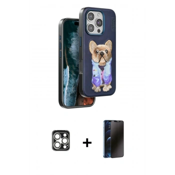 MARSİLYAN™- iPhone 16 Pro Max Kılıf İz Minimal Koleksiyonu - Siyah 3D Antistatik Hayalet Cam Ekran Koruyucu + PVD Metal Kamera Lens - GS