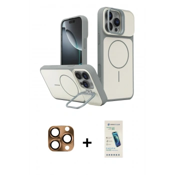 MARSİLYAN™- iPhone 16 Pro Max Kılıf İz Modern Prime - Şeffaf Pasifik Cam Ekran Koruyucu + Pers Alüminyum Kamera Lens - CLTM