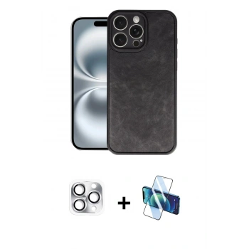 MARSİLYAN™- iPhone 16 Pro Max Kılıf Kıvılcım Işık Serisi - Siyah 3D Antistatik Cam Ekran Koruyucu + Pers Alüminyum Kamera Lens - GS
