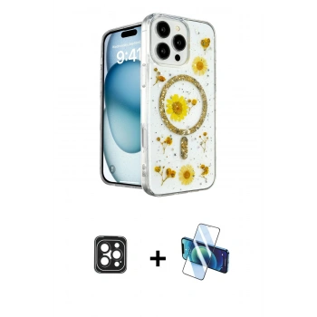 MARSİLYAN™- iPhone 16 Pro Max Kılıf Kozmos Doku - Siyah 3D Antistatik Seramik Nano Ekran Koruyucu + PVD Metal Kamera Lens - SH