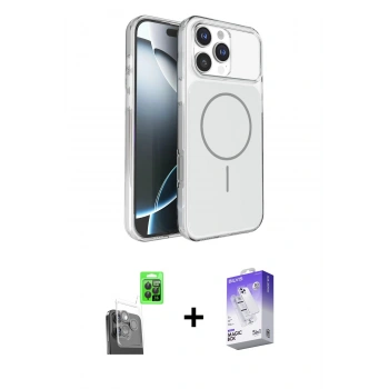 MARSİLYAN™- iPhone 16 Pro Max Kılıf Kutup Doku Serisi - Siyah Bilvis 5in1 3D Magic Cam Ekran Koruyucu + Raze Metal Kamera Lens - SH