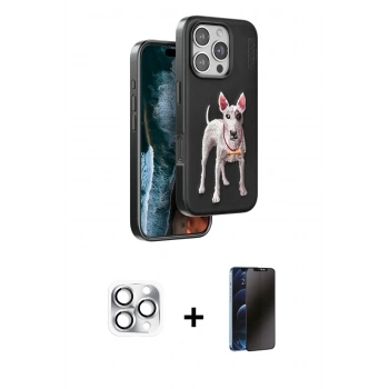 MARSİLYAN™- iPhone 16 Pro Max Kılıf Nova Form Koleksiyonu - Siyah 3D Antistatik Hayalet Cam Ekran Koruyucu + Pers Alüminyum Kamera Lens - GS