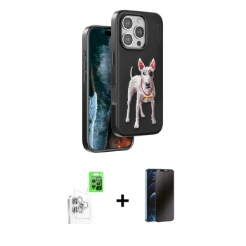 MARSİLYAN™- iPhone 16 Pro Max Kılıf Nova Form Koleksiyonu - Siyah 3D Antistatik Hayalet Cam Ekran Koruyucu + Raze Metal Kamera Lens - BZ
