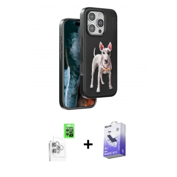MARSİLYAN™- iPhone 16 Pro Max Kılıf Nova Form Koleksiyonu - Siyah Bilvis 5in1 5D Magic Hayalet Cam Ekran Koruyucu + Raze Metal Kamera Lens - BZ