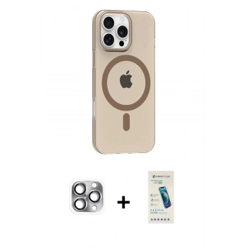 MARSİLYAN™- iPhone 16 Pro Max Kılıf Pusula Form Özel Seri - Şeffaf Pasifik Cam Ekran Koruyucu + Pers Alüminyum Kamera Lens - GI