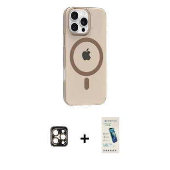 MARSİLYAN™- iPhone 16 Pro Max Kılıf Pusula Form Özel Seri - Şeffaf Pasifik Cam Ekran Koruyucu + PVD Metal Kamera Lens - GD