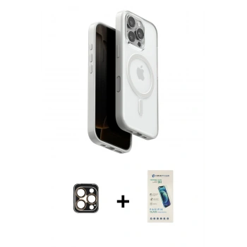 MARSİLYAN™- iPhone 16 Pro Max Kılıf Pusula Form Serisi - Şeffaf Pasifik Cam Ekran Koruyucu + PVD Metal Kamera Lens - GD