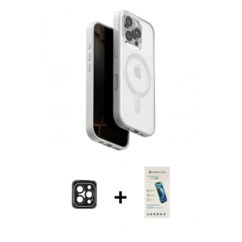MARSİLYAN™- iPhone 16 Pro Max Kılıf Pusula Form Serisi - Şeffaf Pasifik Cam Ekran Koruyucu + PVD Metal Kamera Lens - SH