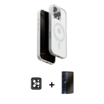 MARSİLYAN™- iPhone 16 Pro Max Kılıf Pusula Form Serisi - Siyah 3D Antistatik Hayalet Cam Ekran Koruyucu + PVD Metal Kamera Lens - SH