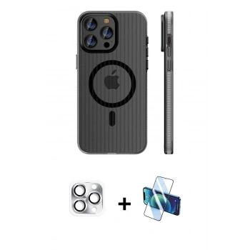 MARSİLYAN™- iPhone 16 Pro Max Kılıf Pusula Minimal Koleksiyonu - Siyah 3D Antistatik Cam Ekran Koruyucu + Pers Alüminyum Kamera Lens - GS