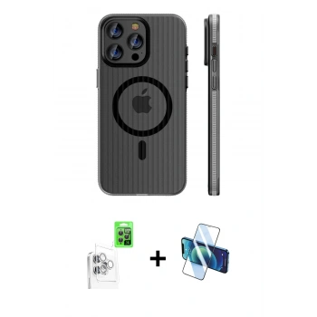 MARSİLYAN™- iPhone 16 Pro Max Kılıf Pusula Minimal Koleksiyonu - Siyah 3D Antistatik Cam Ekran Koruyucu + Raze Metal Kamera Lens - BZ