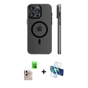 MARSİLYAN™- iPhone 16 Pro Max Kılıf Pusula Minimal Koleksiyonu - Siyah 3D Antistatik Cam Ekran Koruyucu + Raze Metal Kamera Lens - NLGY
