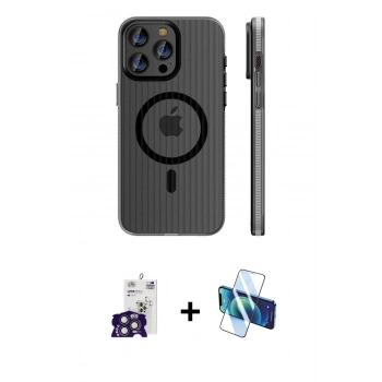 MARSİLYAN™- iPhone 16 Pro Max Kılıf Pusula Minimal Koleksiyonu - Siyah 3D Antistatik Cam Ekran Koruyucu + Bilvis Titan Kamera Lens - TMGI