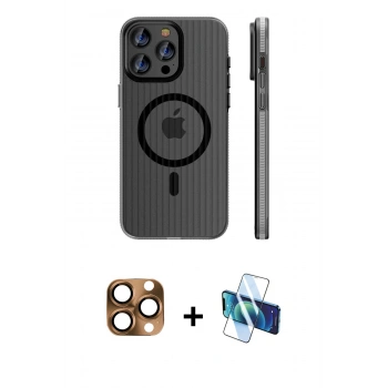 MARSİLYAN™- iPhone 16 Pro Max Kılıf Pusula Minimal Koleksiyonu - Siyah 3D Antistatik Cam Ekran Koruyucu + Pers Alüminyum Kamera Lens - CLTM