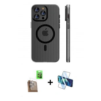 MARSİLYAN™- iPhone 16 Pro Max Kılıf Pusula Minimal Koleksiyonu - Siyah 3D Antistatik Cam Ekran Koruyucu + Raze Metal Kamera Lens - CLTM