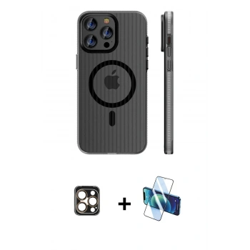 MARSİLYAN™- iPhone 16 Pro Max Kılıf Pusula Minimal Koleksiyonu - Siyah 3D Antistatik Cam Ekran Koruyucu + PVD Metal Kamera Lens - GD