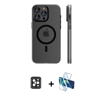 MARSİLYAN™- iPhone 16 Pro Max Kılıf Pusula Minimal Koleksiyonu - Siyah 3D Antistatik Cam Ekran Koruyucu + PVD Metal Kamera Lens - SH