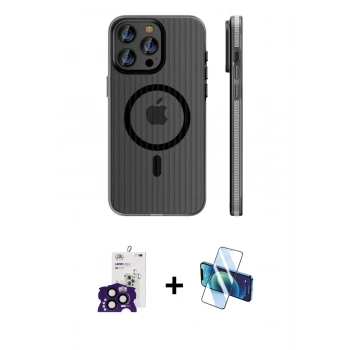 MARSİLYAN™- iPhone 16 Pro Max Kılıf Pusula Minimal Koleksiyonu - Siyah 3D Antistatik Cam Ekran Koruyucu + Bilvis Titan Kamera Lens - SH