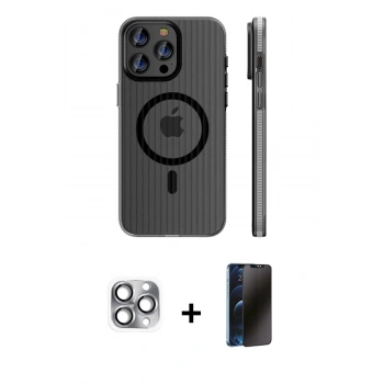 MARSİLYAN™- iPhone 16 Pro Max Kılıf Pusula Minimal Koleksiyonu - Siyah 3D Antistatik Hayalet Cam Ekran Koruyucu + Pers Alüminyum Kamera Lens - GI