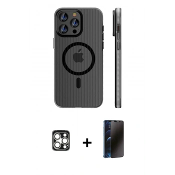 MARSİLYAN™- iPhone 16 Pro Max Kılıf Pusula Minimal Koleksiyonu - Siyah 3D Antistatik Hayalet Cam Ekran Koruyucu + PVD Metal Kamera Lens - GS