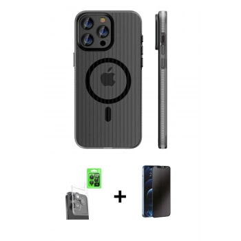 MARSİLYAN™- iPhone 16 Pro Max Kılıf Pusula Minimal Koleksiyonu - Siyah 3D Antistatik Hayalet Cam Ekran Koruyucu + Raze Metal Kamera Lens - SH