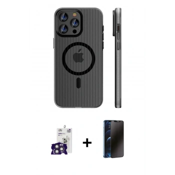 MARSİLYAN™- iPhone 16 Pro Max Kılıf Pusula Minimal Koleksiyonu - Siyah 3D Antistatik Hayalet Cam Ekran Koruyucu + Bilvis Titan Kamera Lens - TMGI
