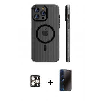 MARSİLYAN™- iPhone 16 Pro Max Kılıf Pusula Minimal Koleksiyonu - Siyah 3D Antistatik Hayalet Cam Ekran Koruyucu + PVD Metal Kamera Lens - GD