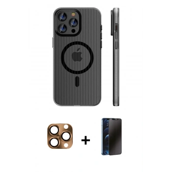 MARSİLYAN™- iPhone 16 Pro Max Kılıf Pusula Minimal Koleksiyonu - Siyah 3D Antistatik Hayalet Cam Ekran Koruyucu + Pers Alüminyum Kamera Lens - CLTM