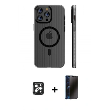 MARSİLYAN™- iPhone 16 Pro Max Kılıf Pusula Minimal Koleksiyonu - Siyah 3D Antistatik Hayalet Cam Ekran Koruyucu + PVD Metal Kamera Lens - SH