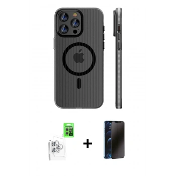 MARSİLYAN™- iPhone 16 Pro Max Kılıf Pusula Minimal Koleksiyonu - Siyah 3D Antistatik Hayalet Cam Ekran Koruyucu + Raze Metal Kamera Lens - BZ