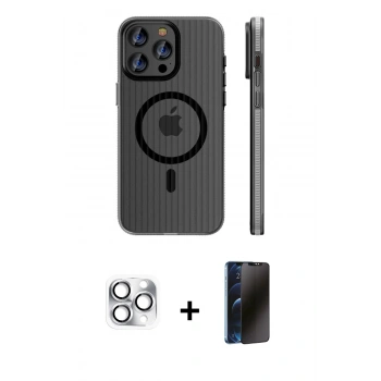 MARSİLYAN™- iPhone 16 Pro Max Kılıf Pusula Minimal Koleksiyonu - Siyah 3D Antistatik Hayalet Cam Ekran Koruyucu + Pers Alüminyum Kamera Lens - GS