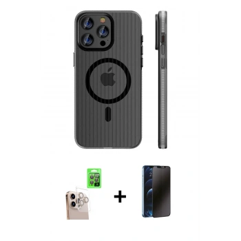 MARSİLYAN™- iPhone 16 Pro Max Kılıf Pusula Minimal Koleksiyonu - Siyah 3D Antistatik Hayalet Cam Ekran Koruyucu + Raze Metal Kamera Lens - NLGY