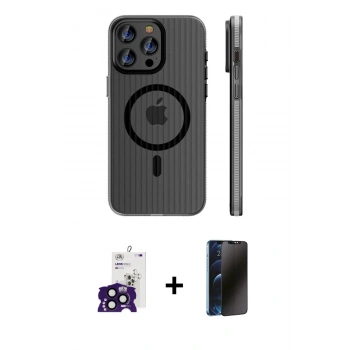 MARSİLYAN™- iPhone 16 Pro Max Kılıf Pusula Minimal Koleksiyonu - Siyah 3D Antistatik Hayalet Cam Ekran Koruyucu + Bilvis Titan Kamera Lens - SH